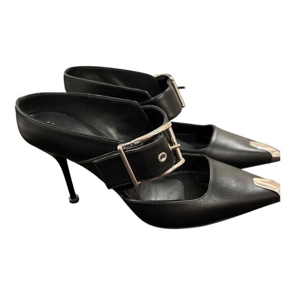 Alexander McQueen Leather Buckle Mule Stiletto Heel Metal Toe MISMATCHED 7.5/7 - Picture 7 of 8